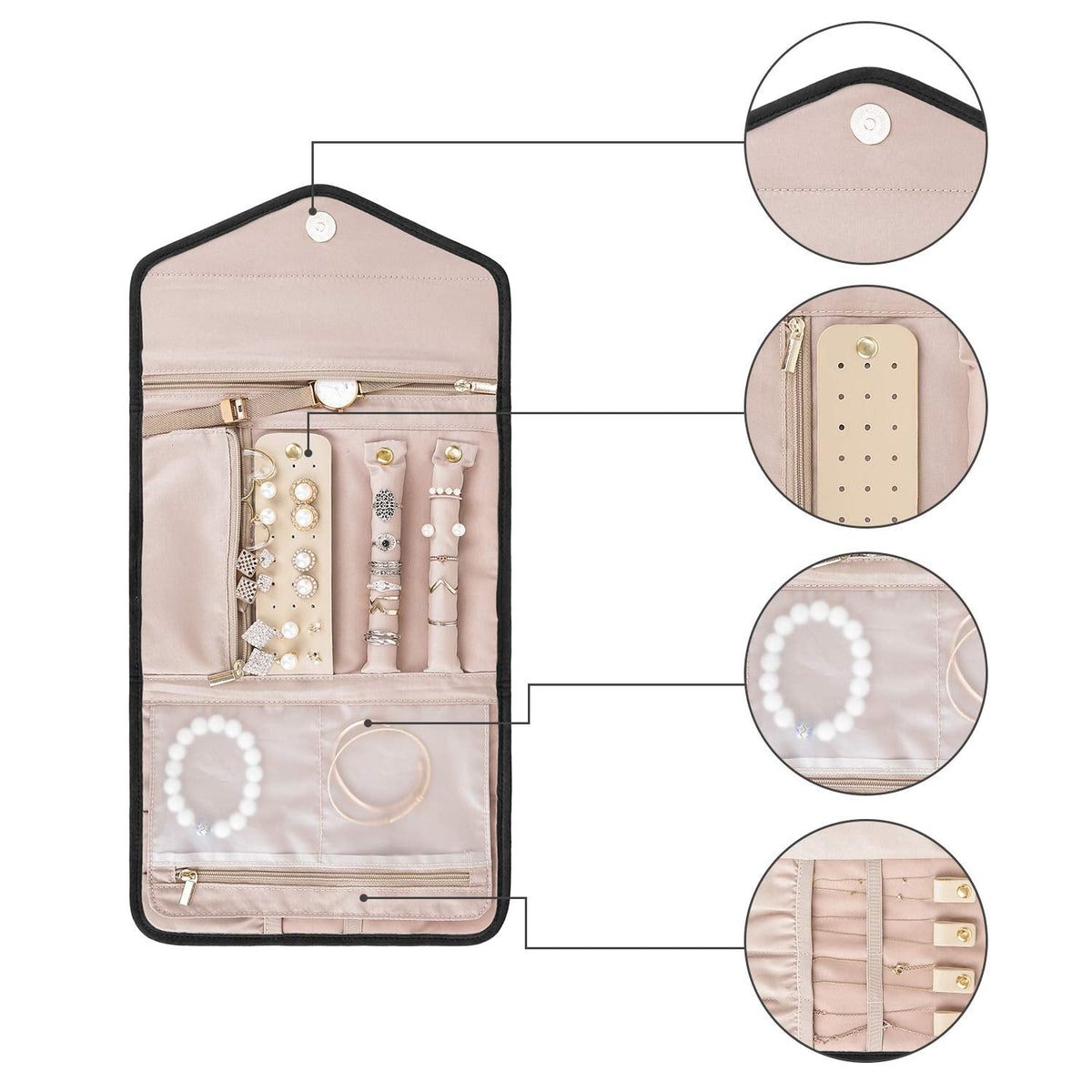 BAGSMART Travel Jewelry Organizer Roll Foldable Jewelry Case for Journey-Rings, Necklaces, Bracelets, Earrings, Black