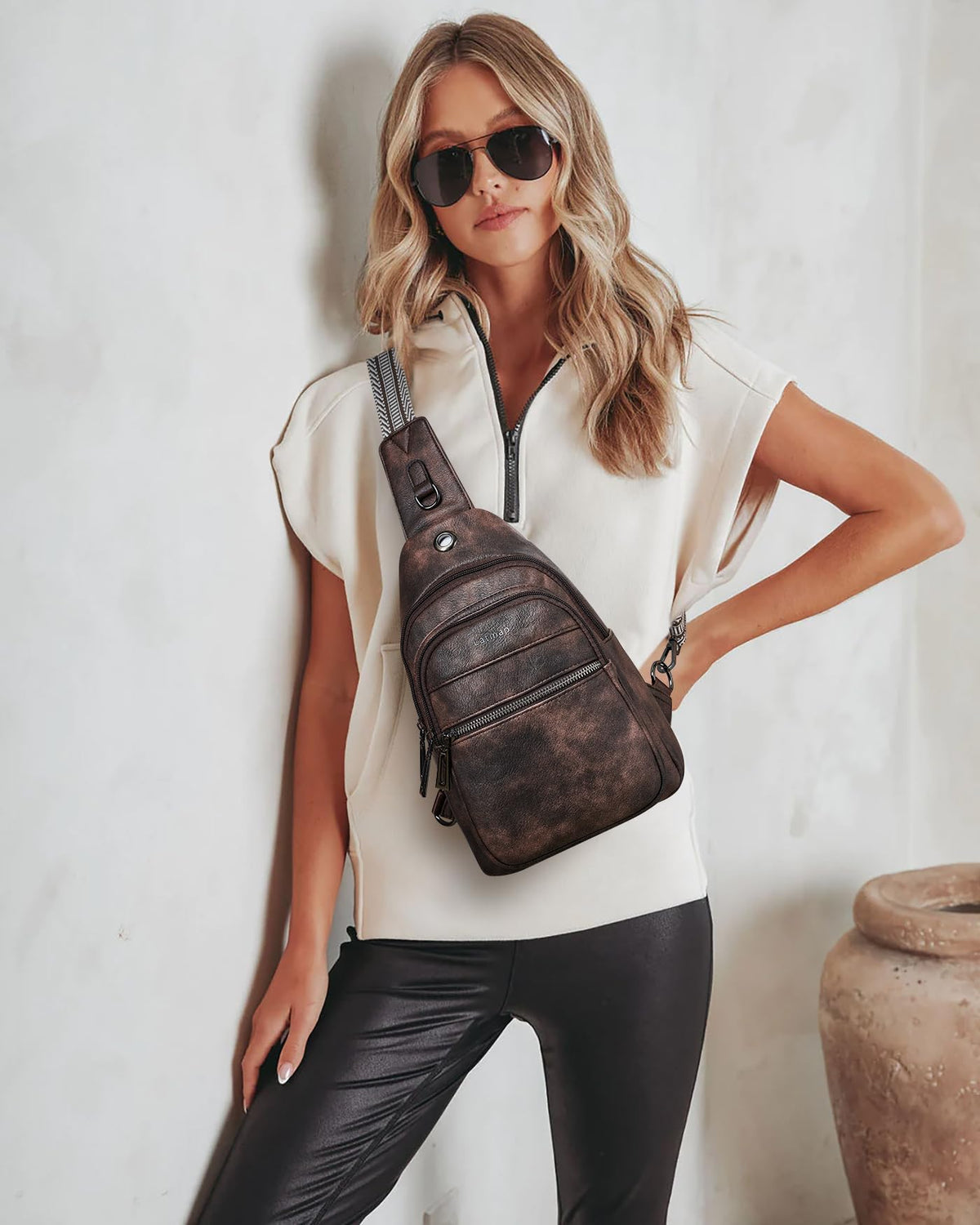 LATMAP 7L Sling Bag For Women Faux Leather Anti Theft Small Casual Daypack Backpack Fanny Pack Crossbody Chest Bags Purse Waterproof Coffee Color