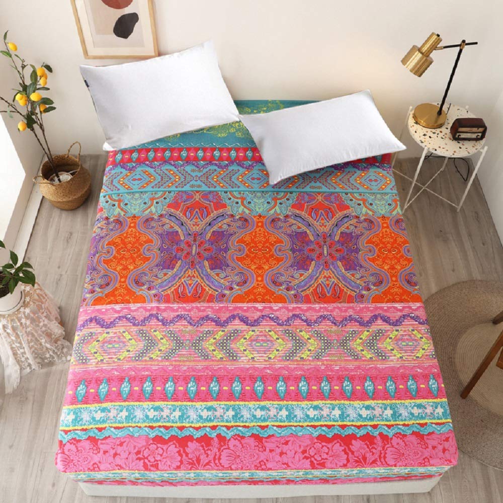 Bedding Fitted Sheet with Deep Pocket,Bohemian Printed Soft Fabric Bed Bottom Sheets (Red(Boho), Queen)