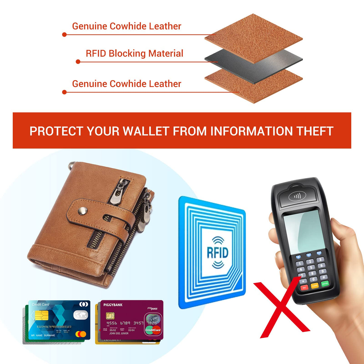 gzcz Mens Wallet with Chain RFID Blocking Genuine Leather Bifold Purse for Men ID Window and Zip Coin Pocket (Brown)