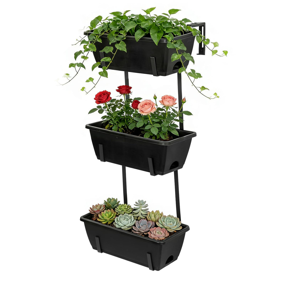 OYEAL Railing Planter Box 3 Tier Vertical Window Boxes Planter Outdoor with Adjustable Brackets & Rectangular Flower Pots Deck Railing Hanging Flower Pots for Patio, Lawn, Porch, Balcony Decor, Black