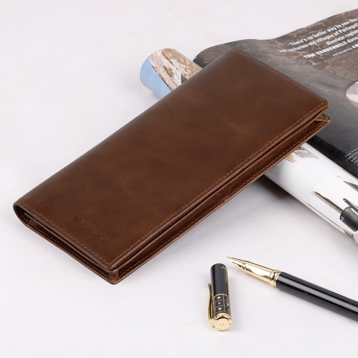 VISOUL Leather Checkbook Cover Wallet for Men with RFID Blocking, Mens Long Bifold Cash Tall Wallet with 11 Credit Card Slots 1 ID Window (Brown)