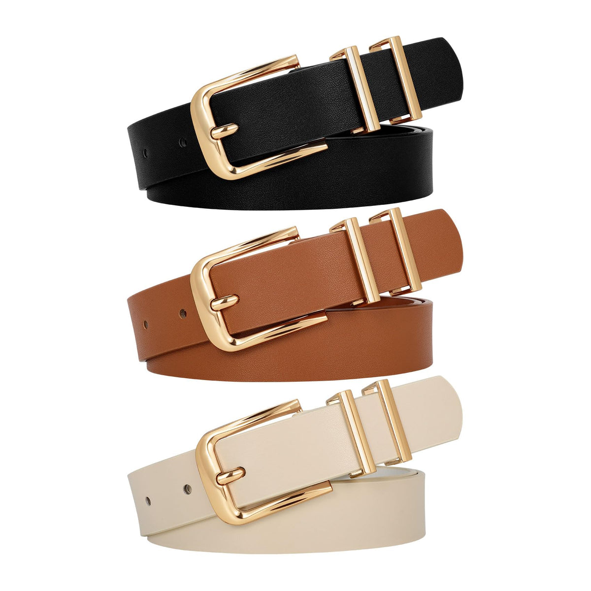WERFORU 3 PACK Women Belt Women Fashion Leather Belts for Jeans Pants Ladies Belts with Gold Buckle,A-Black+Brown+Beige,Fit Waist Size 32-36 Inches