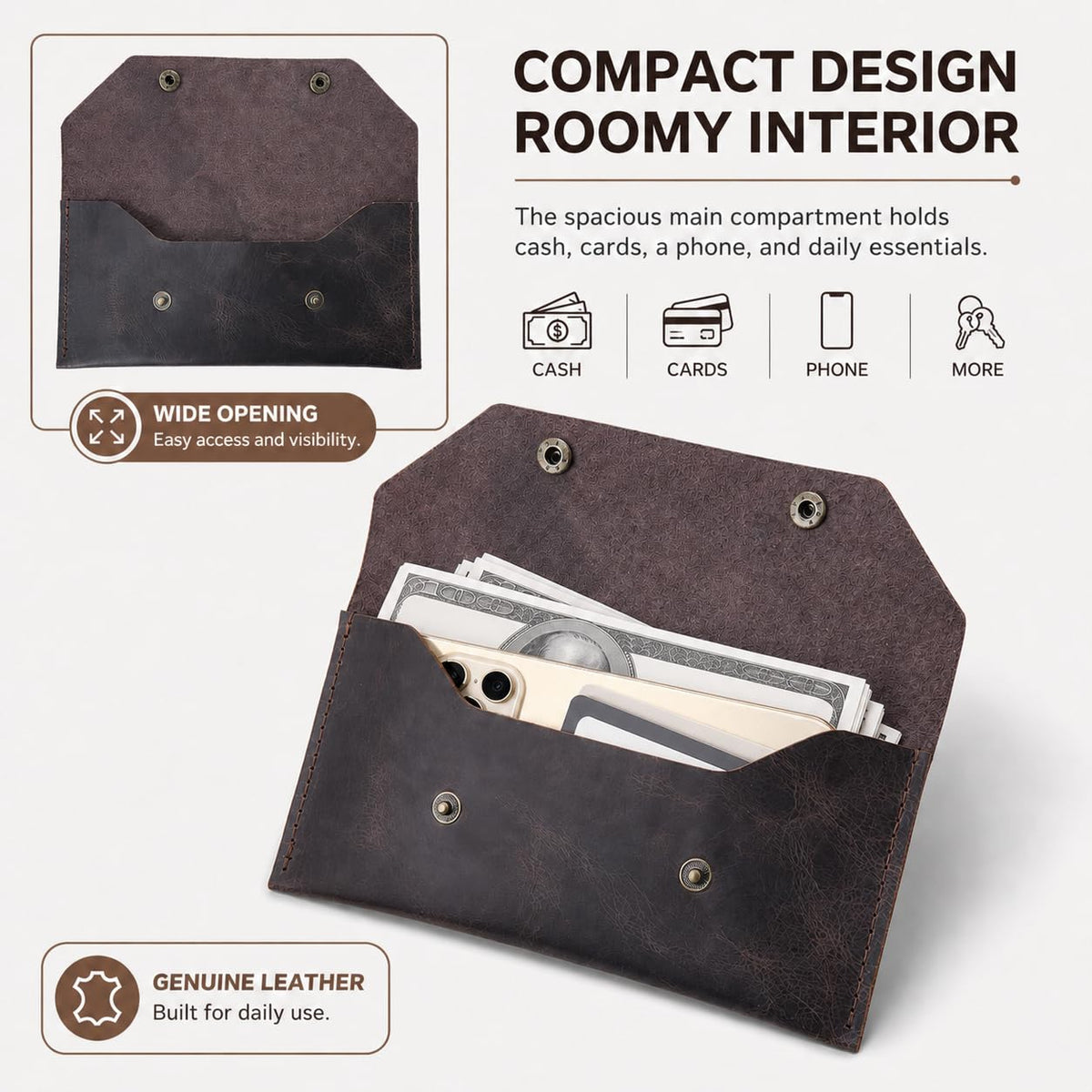 ZEMARS Genuine Leather Cash Envelope Wallet, Two Snap Money Pouch for Men and Women, Reusable Budget Envelope Wallet, Slim Organizer for Cash, Cards, Receipts, Checks and Keys (Dark Brown)