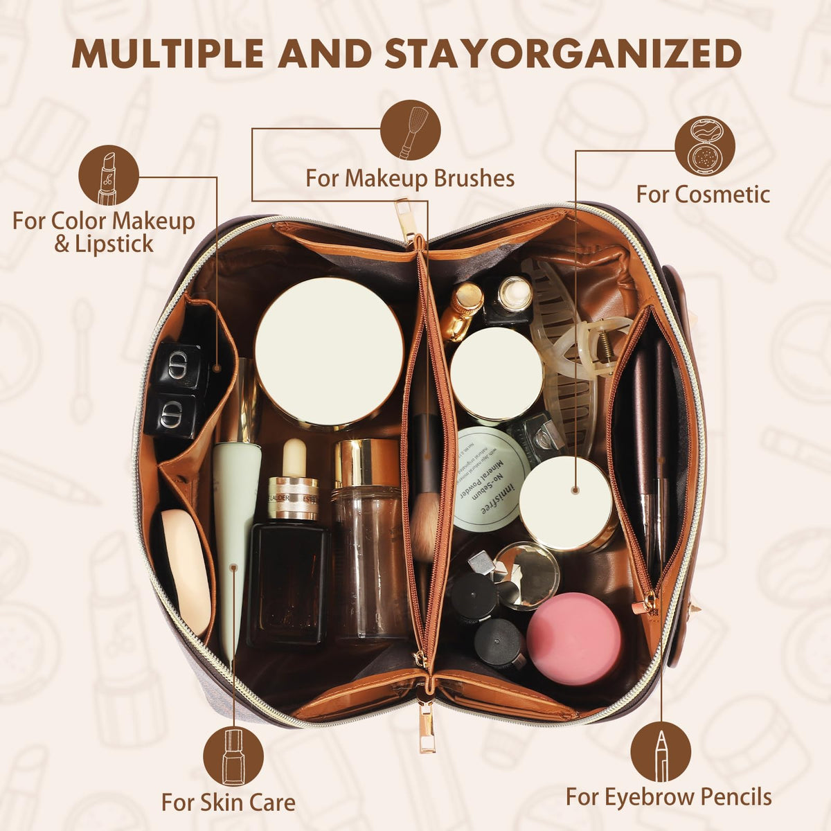 BAYANKALA Leather Travel Makeup Bag, Large Capacity Cosmetic Bag for Women, Waterproof Portable Pouch with Divider, Toiletry Organizer with Handle, 10.5x5x5 Inches, Deep Brown