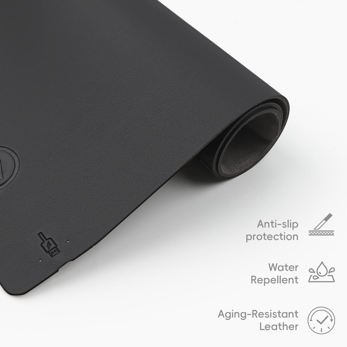 Mouse Pad with Wireless Charging, PU Leather Fast Charging Gaming Mouse Pad, Waterproof Anti-Slip Surface, Easy Clean Office Table Mat, 32L x 16W x 0.15H inches, Black(Right Side Charging Port)