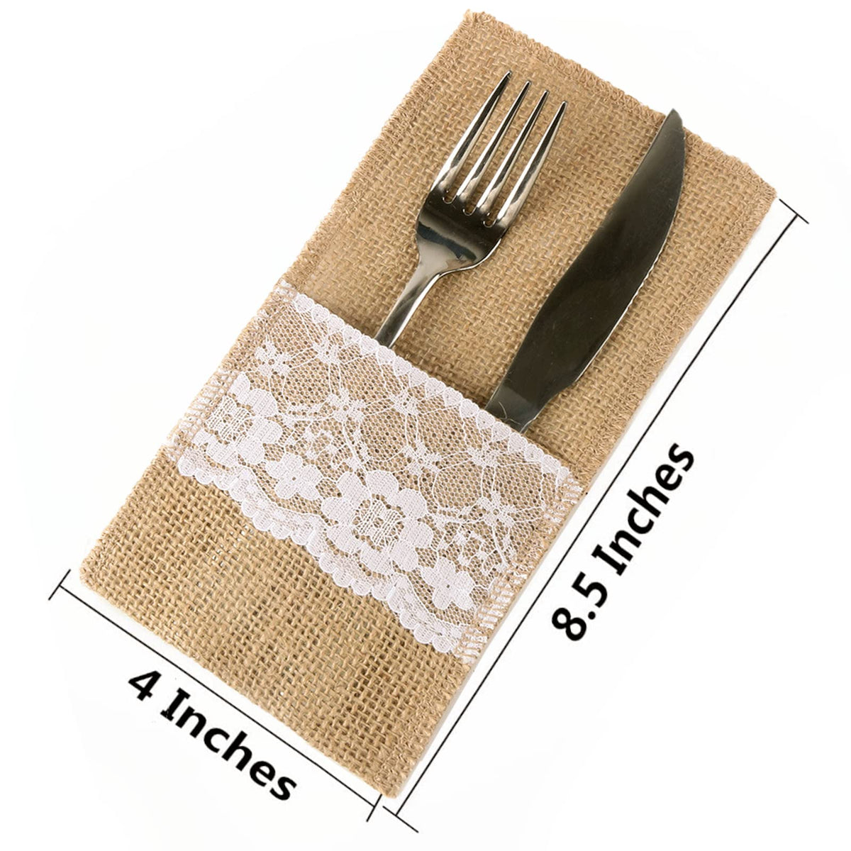 FQTANJU 50 PCS 4"x8" Burlap Lace Utensil Cutlery Holders Pouch Silverware Holder Knifes Forks Bags Burlap Napkin Bag for Rustic Wedding Party Decorations favors