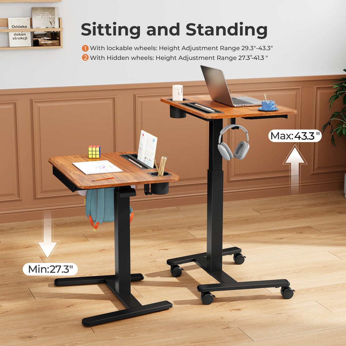 JYLH JOYSEEKER Mobile Standing Desk with Drawer, 28" Rolling Desk with Cup Holder and Hooks, Portable Laptop Workstation on Wheels, Height Adjustable Cart with Storage for Home Office, Dark Wood
