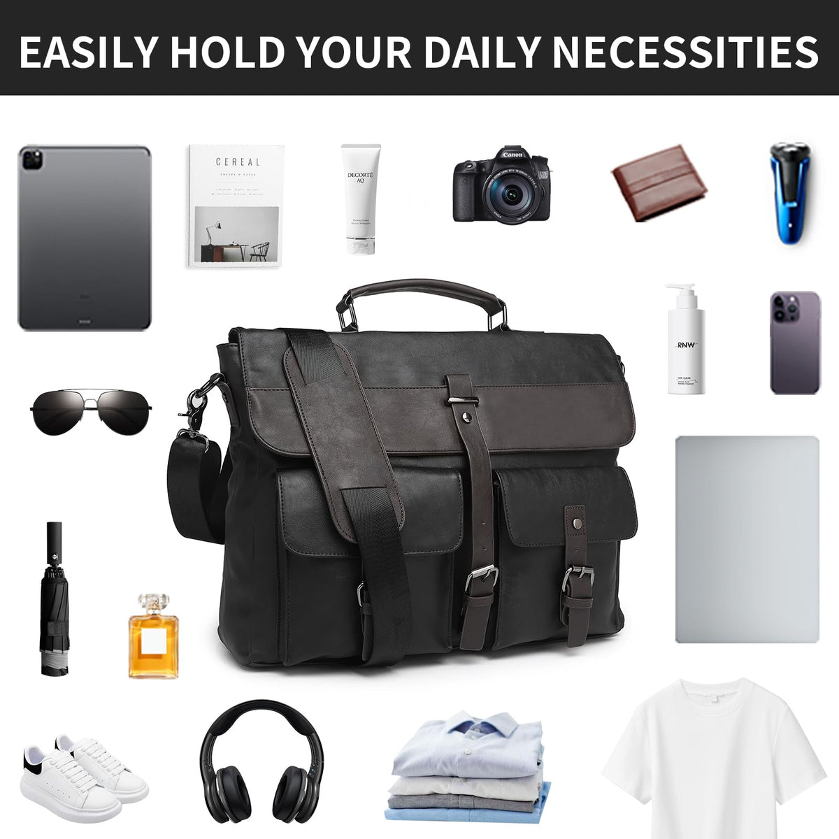 Leather Messenger Bag for Men,15.6 Inch Vintage Mens Laptop Bag Water Resistant Business Travel Briefcase Satchel Work Computer Bag Black