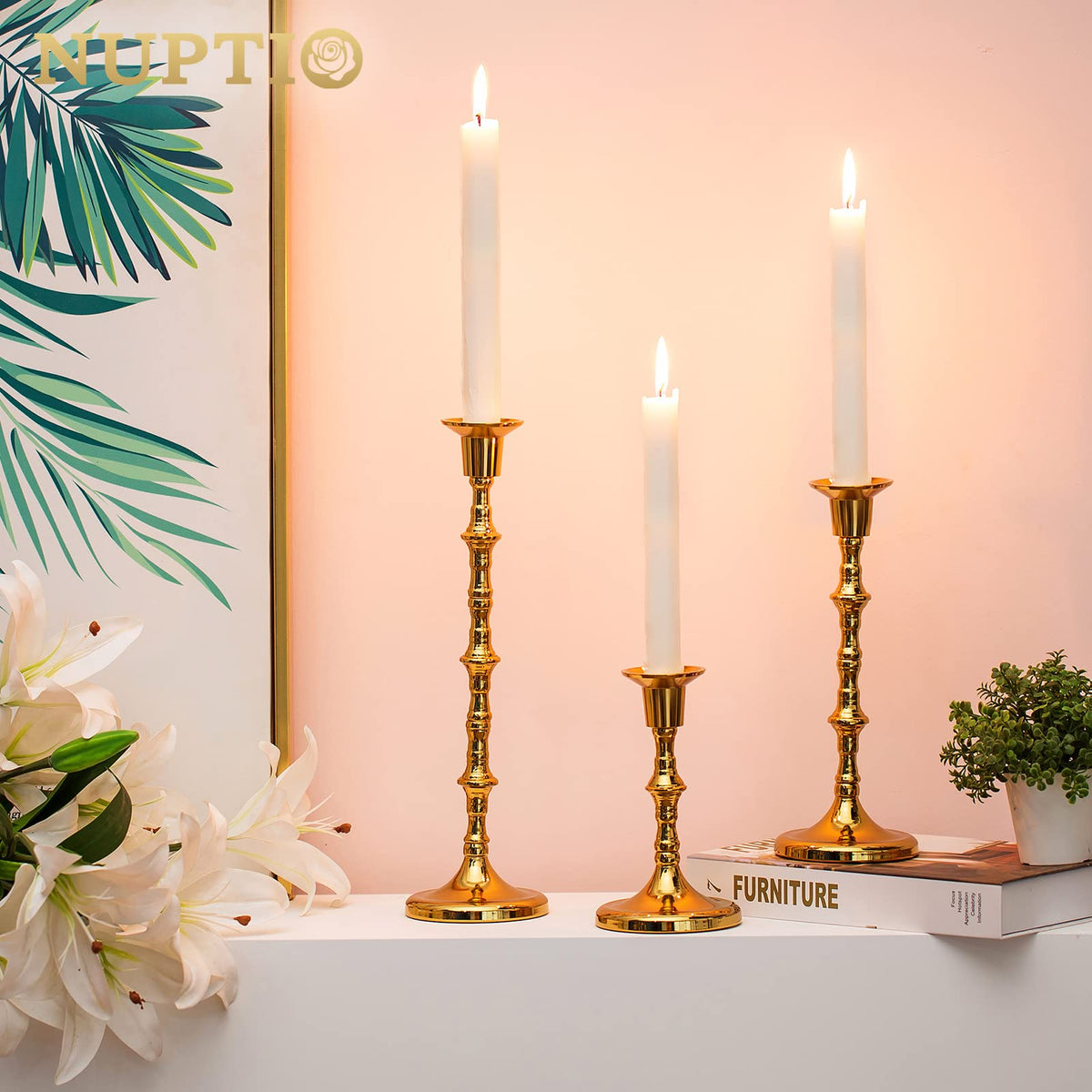 Nuptio Brass Candlestick Holders for Centerpiece: Set of 3 Gold Taper Candle Stick Holders for Home Dining Table Fireplace Decor