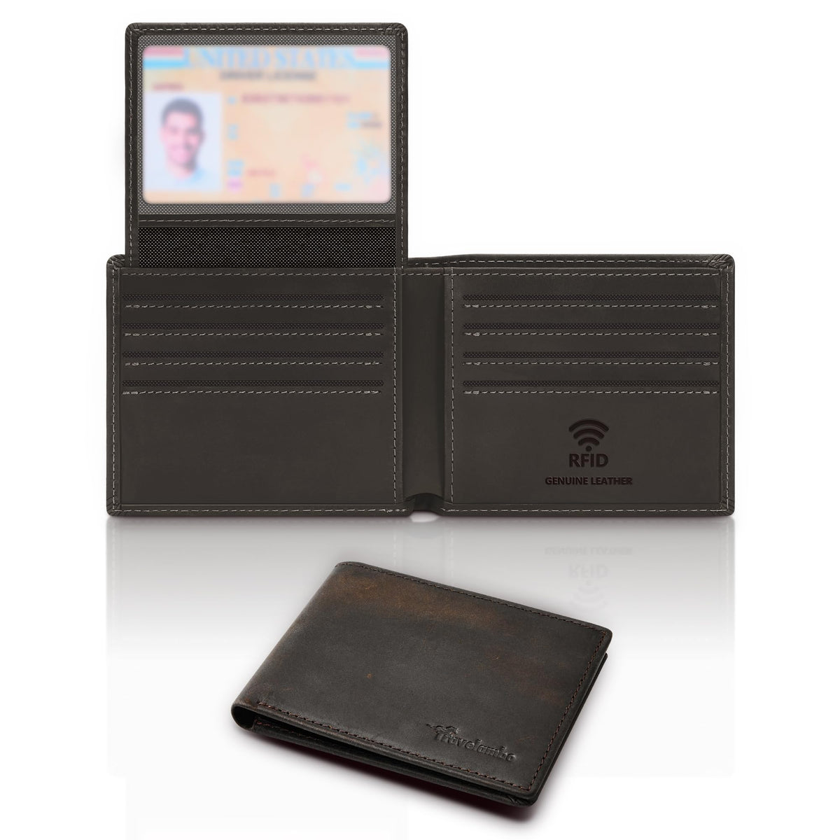 Travelambo Genuine Leather Wallet for Men with Gift Box - Handmade Bifold Stylish - Mens Wallets Rfid Blocking with 2 ID Windows