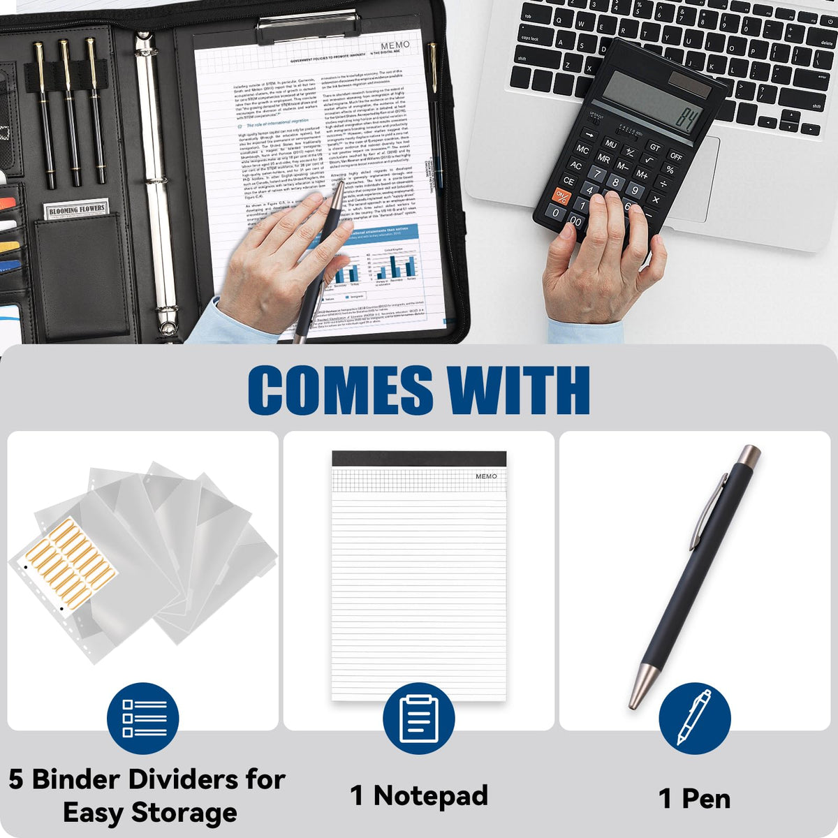 NATISERAUM Portfolio Binder 3 Ring Includes Pen and 5 Dividers with 10 Pockets, Padfolio Organizer with Zipper for Men and Women, Includes A4 Notepad for Business, School, Work
