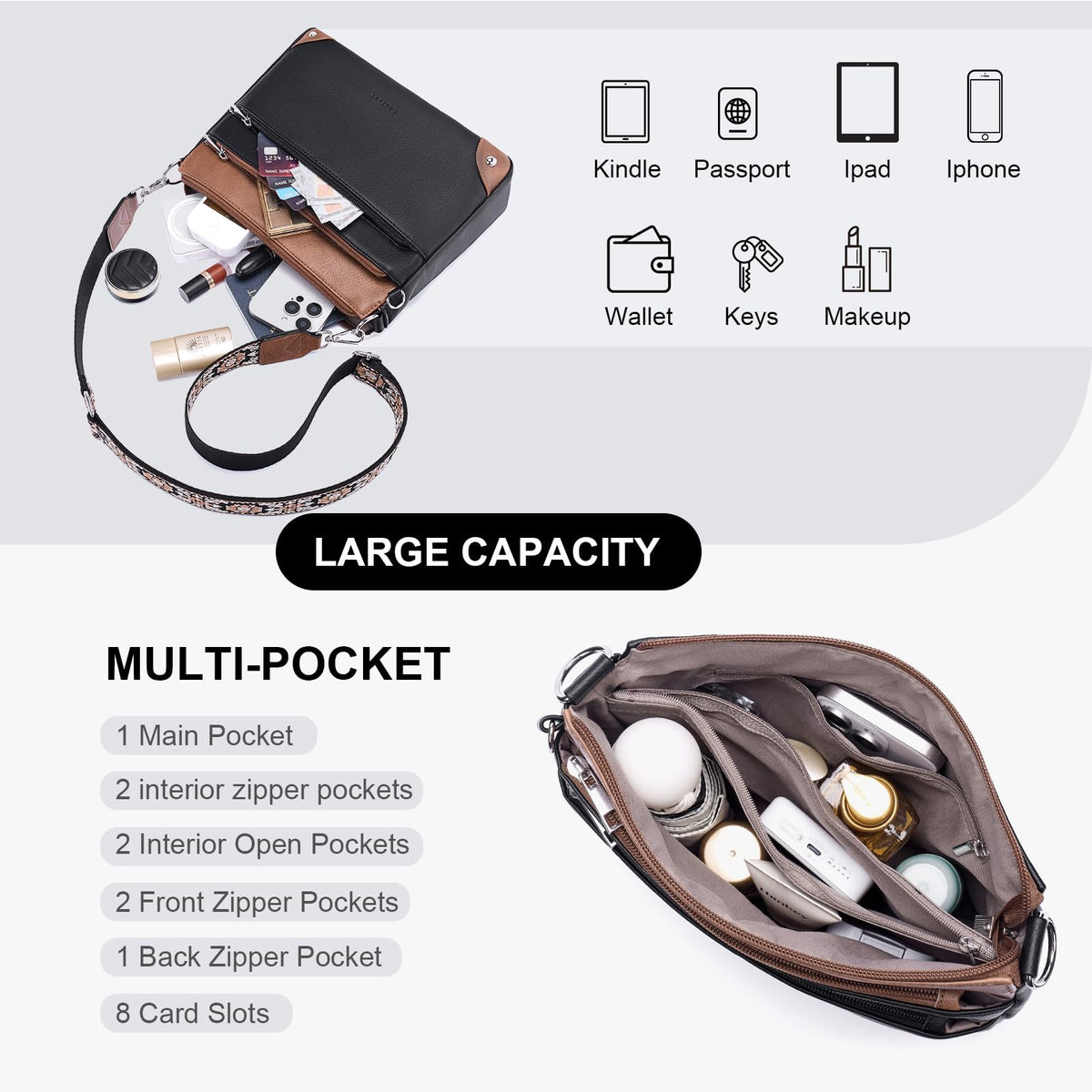 Lexiyat Crossbody Bags for Women Rfid Travel Crossbody Purses Leather Roomy Handbags Medium Shoulder bag with Adjustable Strap Blackwithbrown