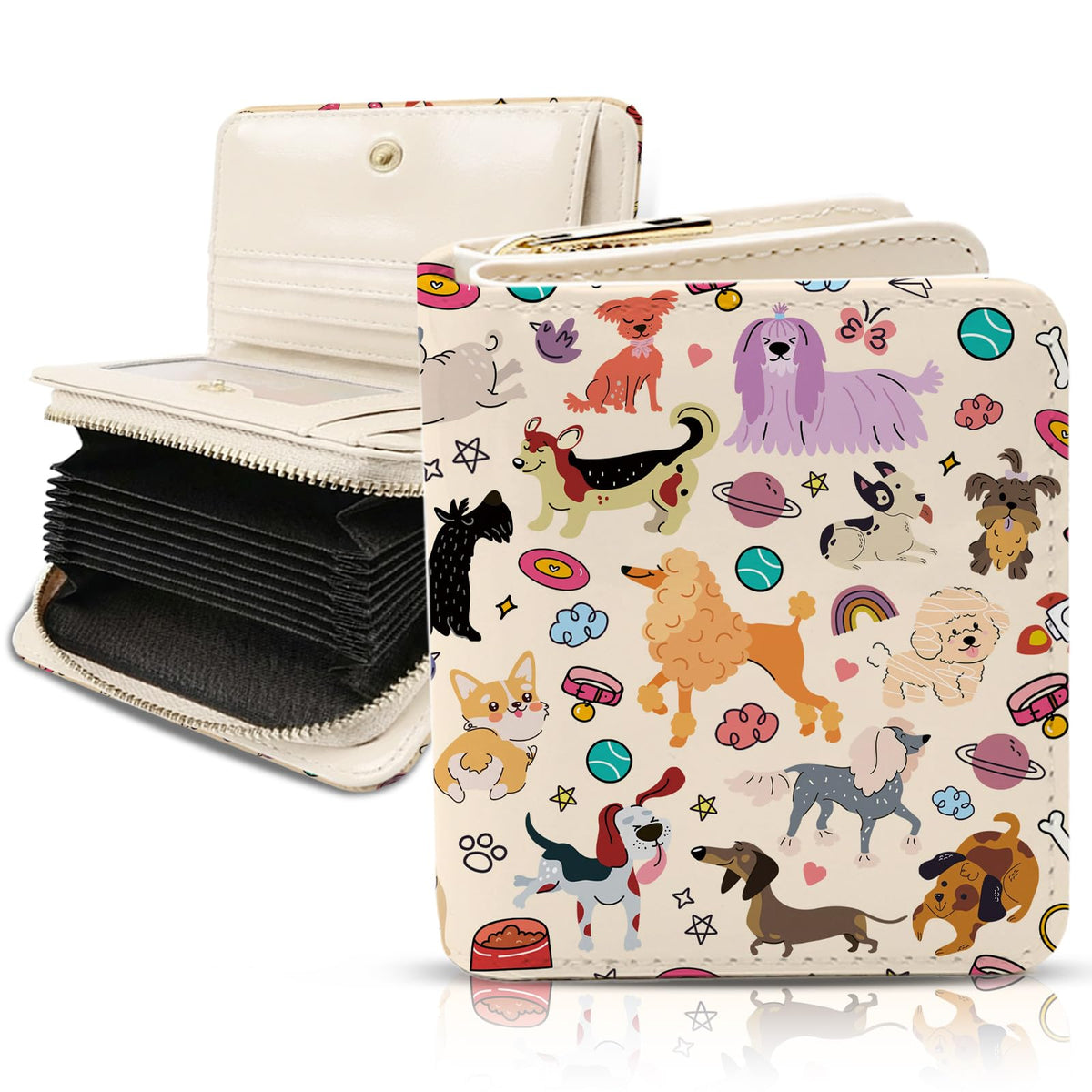 Wazzio Cute Dog Wallet for Women, PU Leather Accordion Wallet, Credit Card Holder with 1 ID Window 14 Card Slots, Zipper Coin Purse for Ladies Girls Teen Female