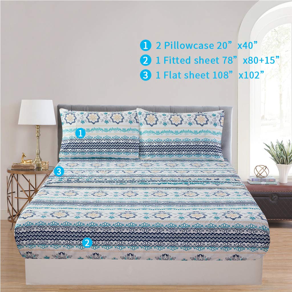 JSD Blue Boho Printed Sheet Set King Size, 4 Piece Soft Floral Microfiber Sheets Extra Deep Pocket