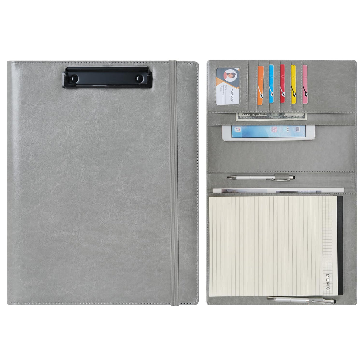 Wonderpool A4 PU Leather Clipboard Partfolio Notepad Forms Holders Document Case - Interview Planner Meeting Writing Padfolio File for Office Travel School Hotel (Grey, A4)