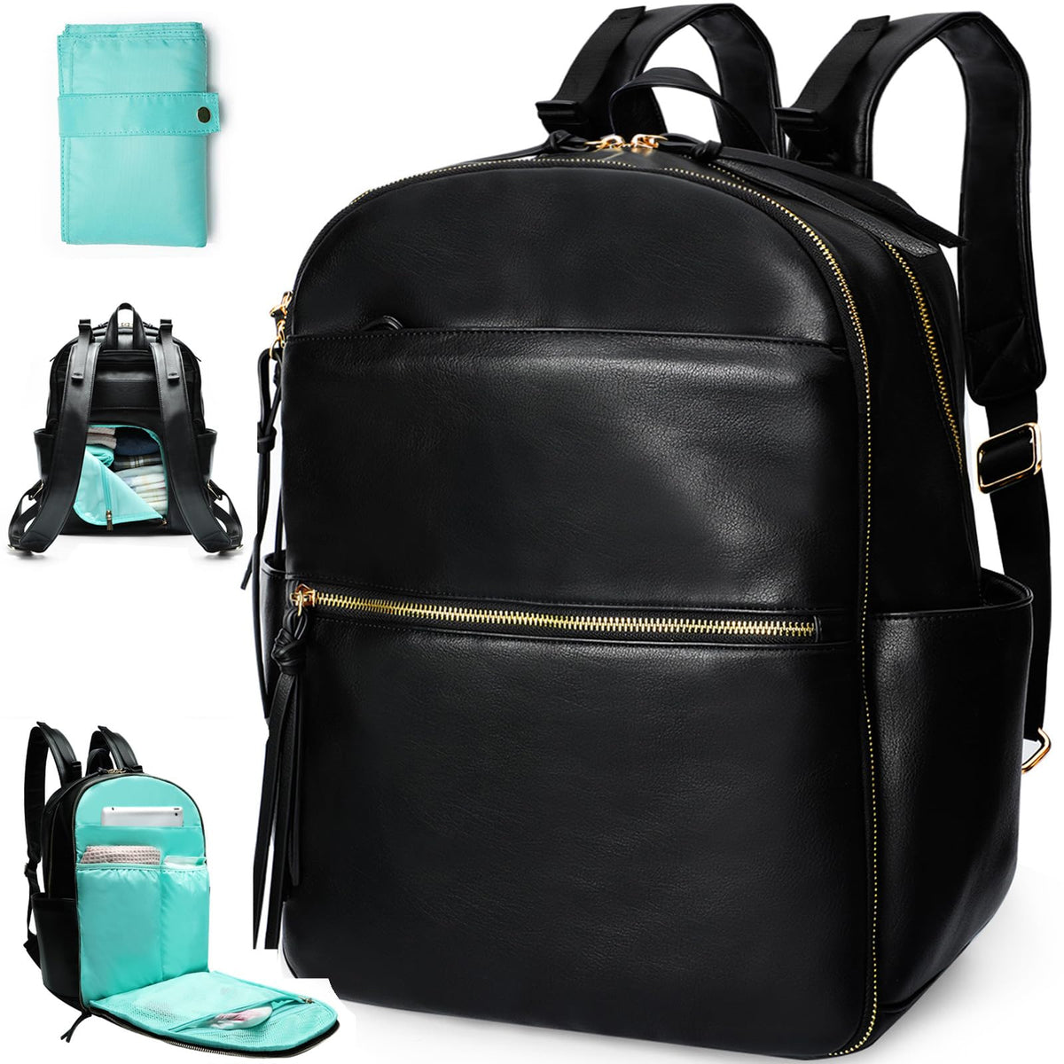 MOMINSIDE Diaper Bag Backpack Leather Diaper Bag with 6 Insulated Pockets, Baby Bag for Mom Dad, Baby Registry, Changing Pad, Stroller Straps,Diaper Backpack Diaper Bag Leather (Black)
