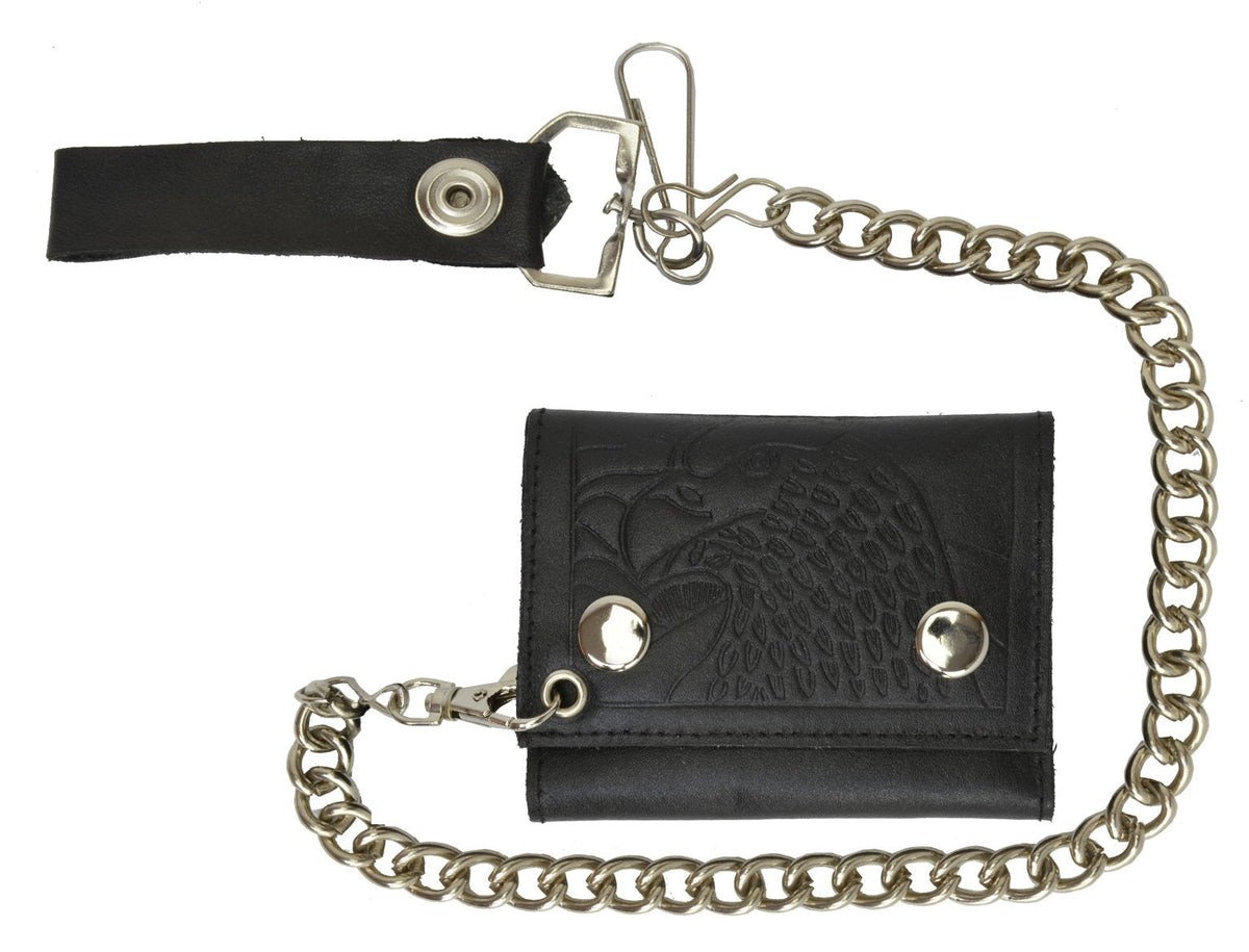 MARSHAL Men's Genuine Leather Black Trifold Wallet with Chain Biker Trucker Motorcycle (Eagle Black)