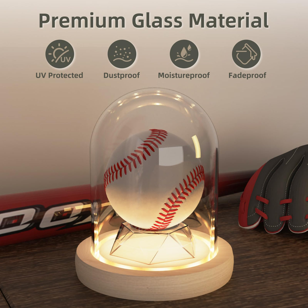 DuvinDD Baseball Display Case with LED Light Base, Glass Dome Cloche Baseball Holder for Softball, Crystal, Rock Collection, Tennis Ball, 4.33" D X 4.7" H, Gifts for Christmas