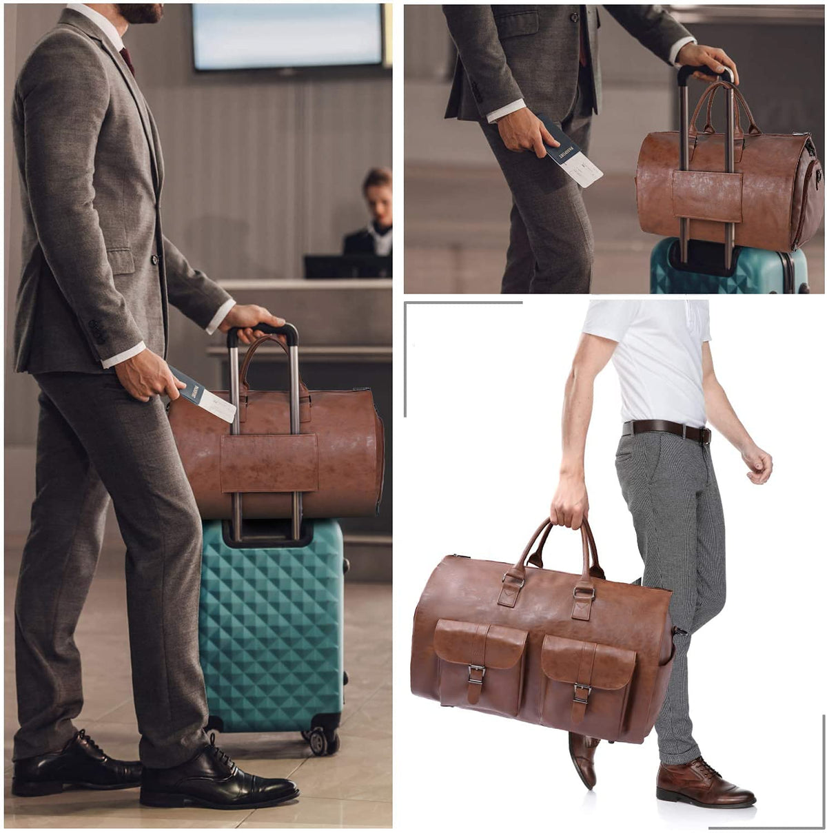 seyfocnia Carry On Garment Bag, Waterproof Mens Garment Bag for Travel Business, Large Leather Duffel Bag with Shoe Compartment -Brown