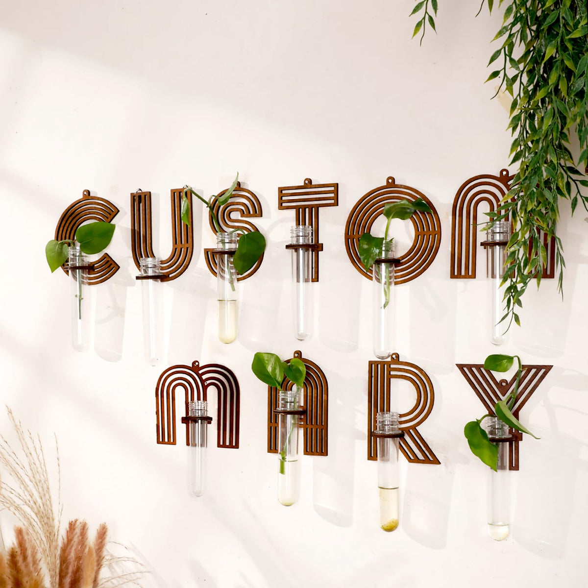 Home Letter Wall Propagation Planters Test Tubes Wall Decor for Hanging Plants Clear Water Plant Vase Brown Wood Water Propagation Station 4 Pack