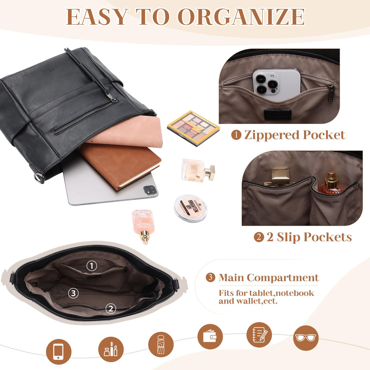 VASCHY Hobo Bag for Women, Roomy Leather Shoulder Purse with Wallet Set, Tote Bag with Guitar Strap, Ideal Gift for Women