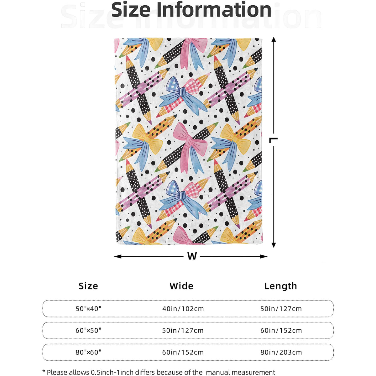 Cute Pencil and Bow Blanket 40x50 in, Flannel Throw Blankets for Travel Camping Sofa Living Room Decor, Lightweight Cozy Soft Fuzzy Gifts for Women Adults Kids