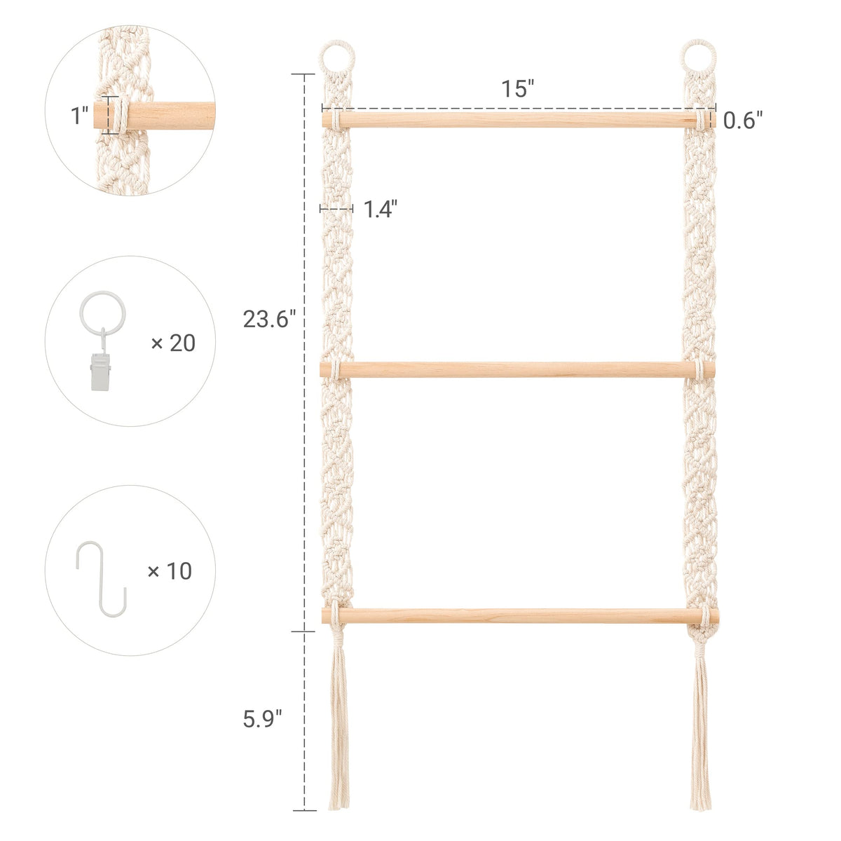 Dahey Hanging Jewelry Organizer Macrame Necklace Holder with 30 Hooks and Headband Holder with 30 Hooks Boho Decor for Baby Girls Room