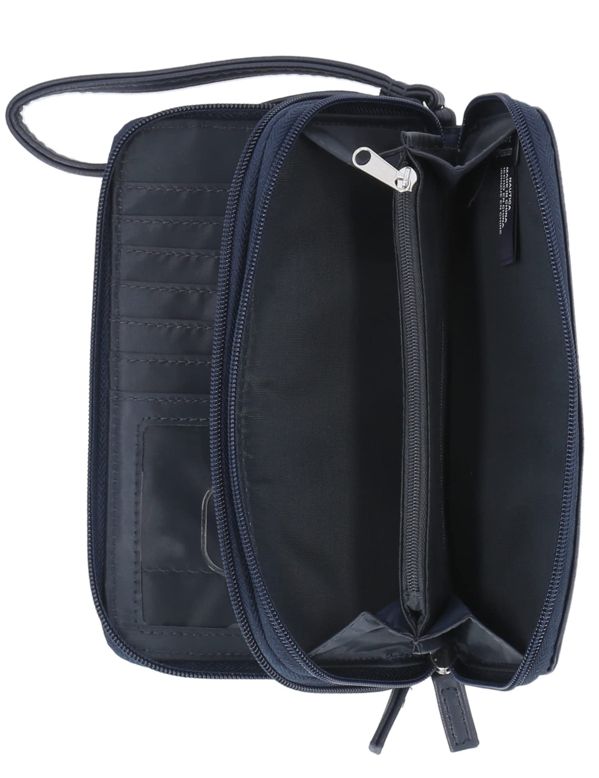 Nautica On The Double Zip Around Vegan Leather Womens RFID Clutch Wallet With Wristlet Strap, Indigo