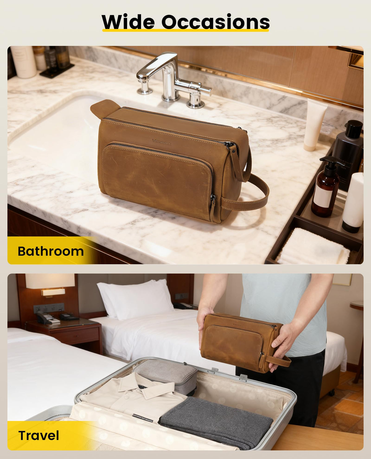 Vorspack Genuine Leather Toiletry Bag for Men - Water Resistant Travel Bag for Toiletries, Essentials, Accessories - Light Brown