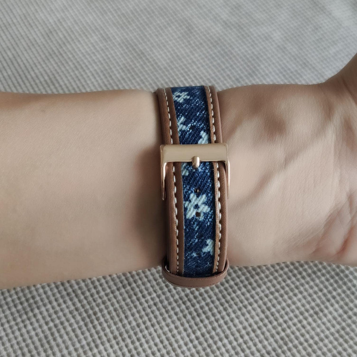 Abanen Denim Leather Watch Band for Samsung Galaxy Watch 4 / Galaxy Watch 5, 20mm Canvas Fabric Strap with Soft PU Leather Lining Wristband for Galaxy Watch 4 Classic 42mm / 46mm (Brown-Blue)