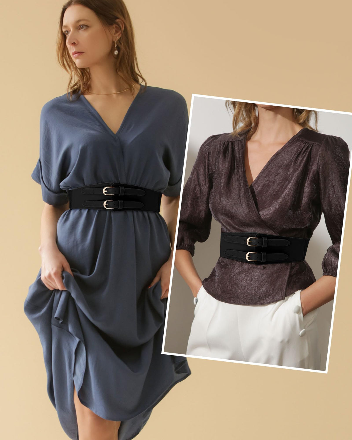Kajeer Women Wide Elastic Waist Belt - 2.4inch Wide Stretchy Belt Vintage Double Buckle Fashion Cinch Belts for Dress(S,Black)