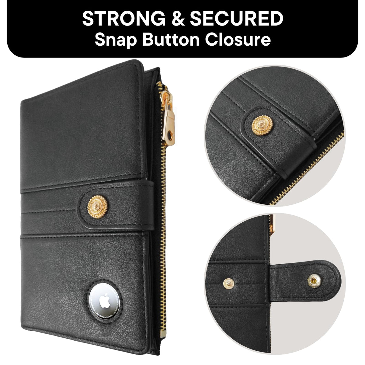 elzama Women's RFID Blocking Passport Wallet, Black with Airtag Holder, Includes Keychain & Pen Holder, Zippered, 11 Pockets, Faux Leather, Slim