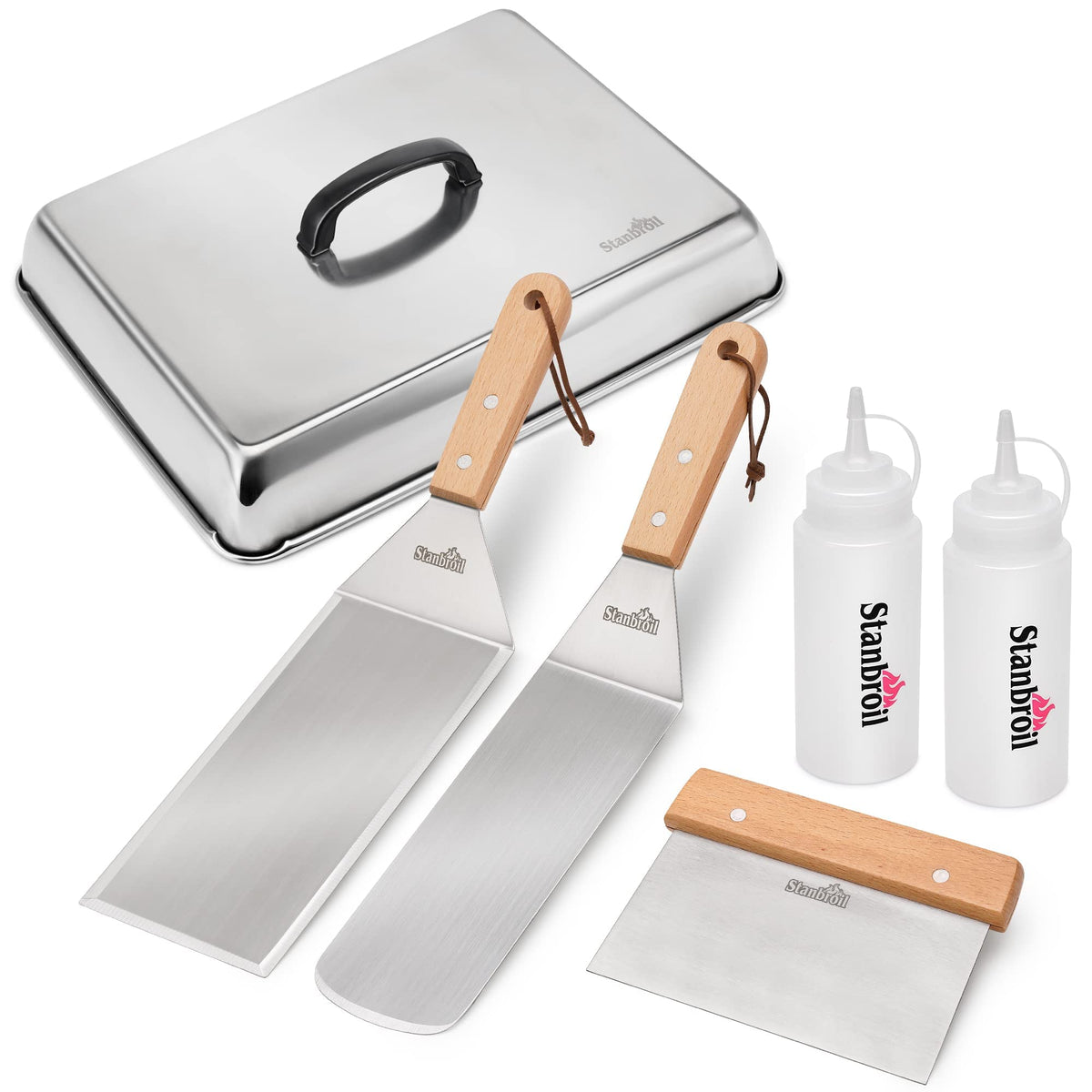 Stanbroil BBQ Griddle Accessories Set of 6 - Heavy Duty Stainless Steel Scraper, Spatula, Basting Cover and Bottles for Blackstone, Camp Chef Grill and Outdoor Griddle Accessories
