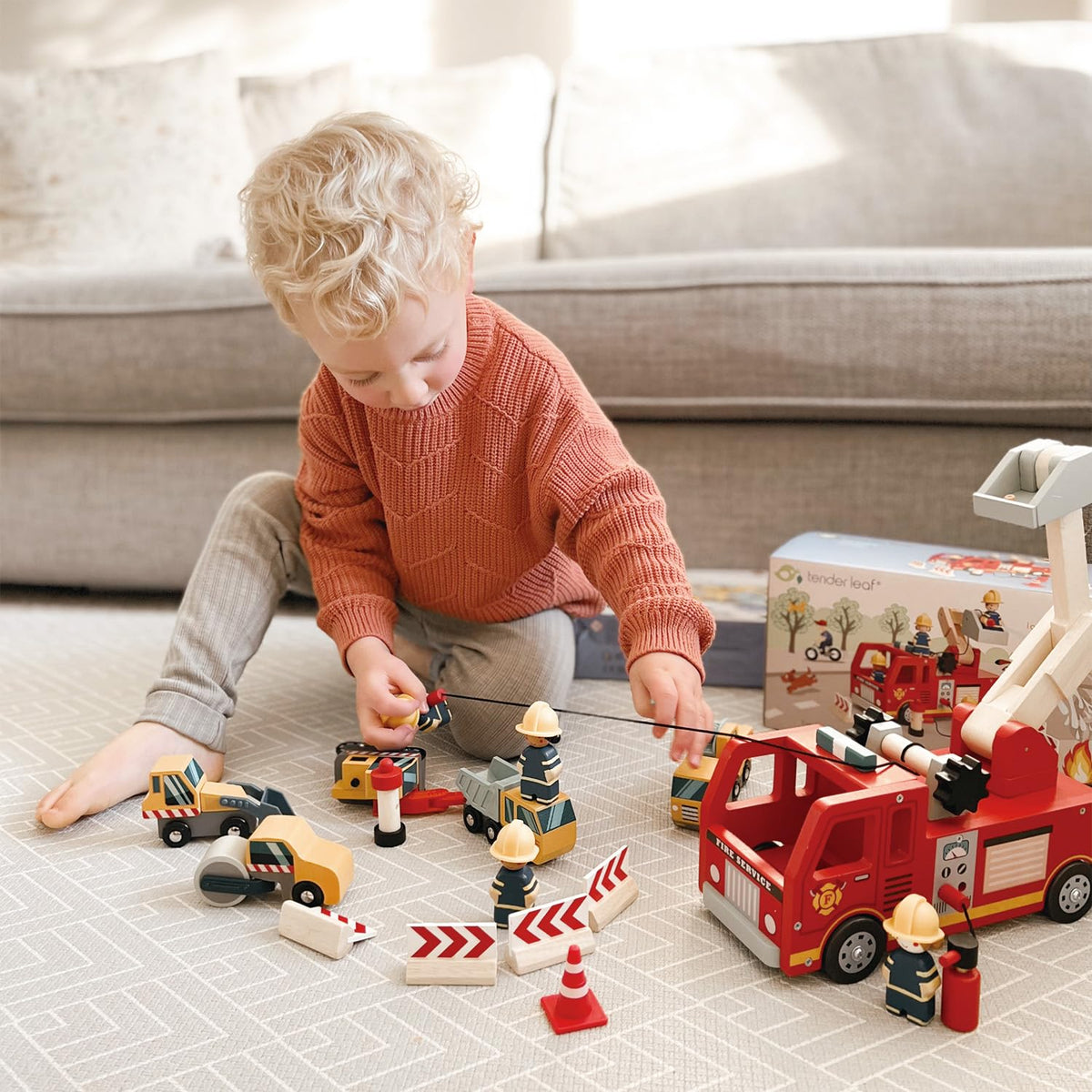 Tender Leaf Toys - Fire Engine - Wooden Fire Truck Toy with Firefighters and Accessories - Story Telling, Pretend Play and Imaginative Play for Age 3+