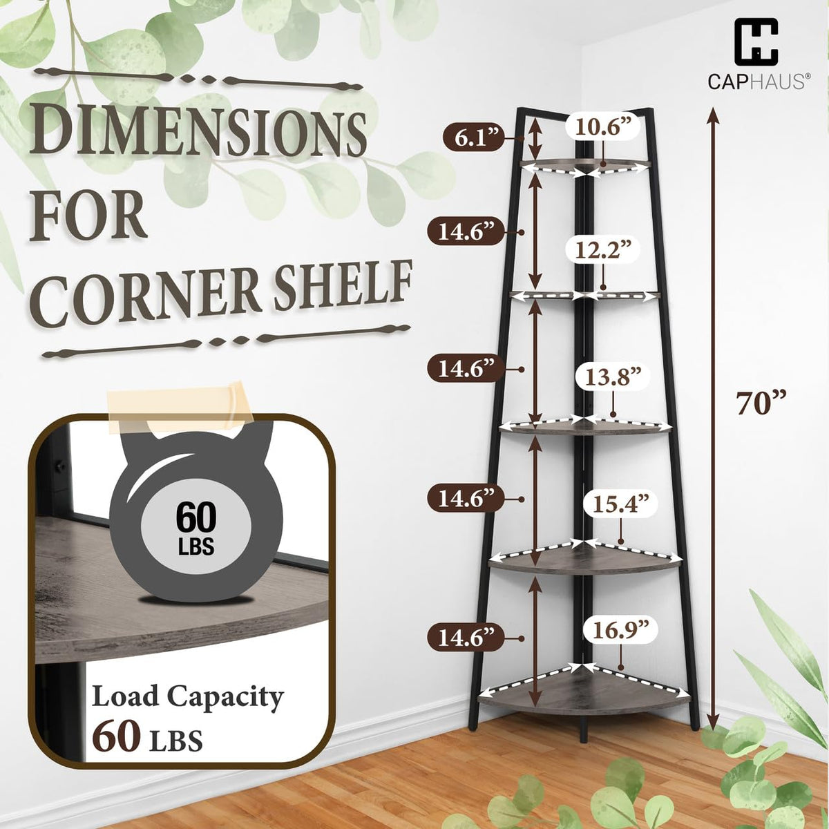 CAPHAUS Tall Corner Shelf Stand, 5-Tier Display Shelves, Ladder Corner Wood Storage Plant Bookshelf with Metal Frame, Versatile Shelving Unit Bookcase for Home Office Space, Dark Grey