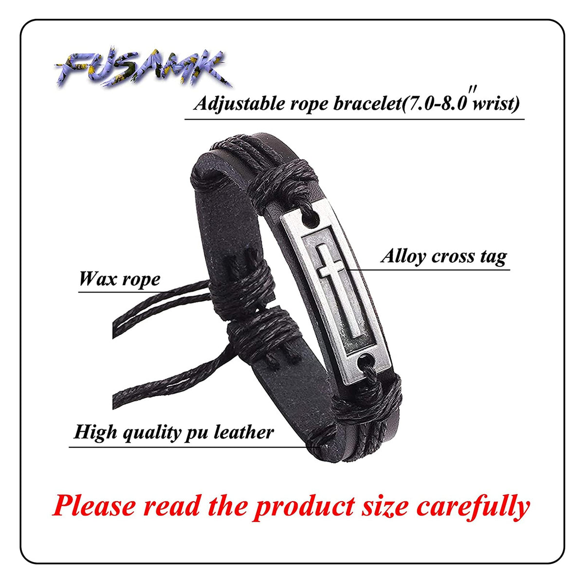 Fusamk Fashion Cross Tag Bangle Adjustable Leather Cuff Wristband Drawstring Rope Bracelet(Brown)