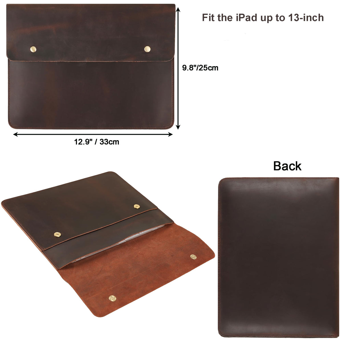 Leather Tablet Sleeve - 12.9/13 Inch iPad Pro Sleeve, Document Holder Folio File Holder, Genuine Leather iPad Case for Protection and Style-Dark Brown