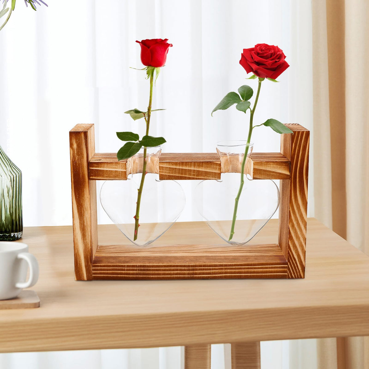CORHAD Heart-Shaped Glass Hydroponic Vase with Wooden Frame Stand, Desktop Terrarium Planter for Indoor Plants, Tabletop Flower Pot for Home and Office Décor, 2pcs Set