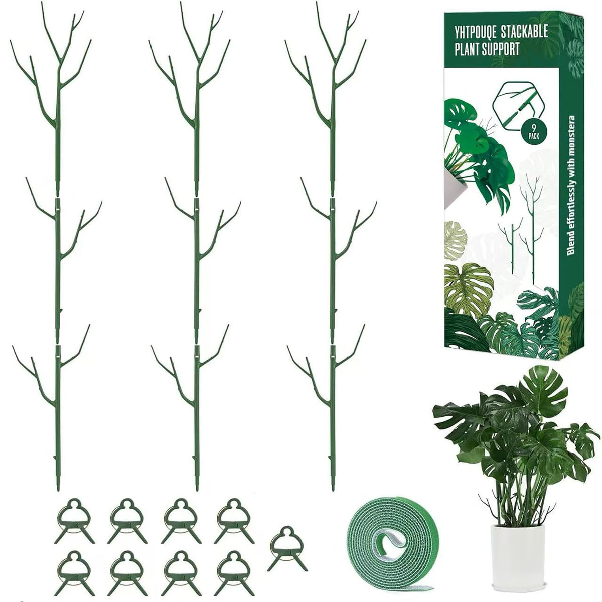 Yhtpouqe 9 Pack Green Plant Support Stakes Plant Stakes for Indoor and Outdoor Plants. 39.37inch Plant Sticks with Extension Poles, Plant Clips,Plant Ties for Potted Monstera Plants, Climbing Plants