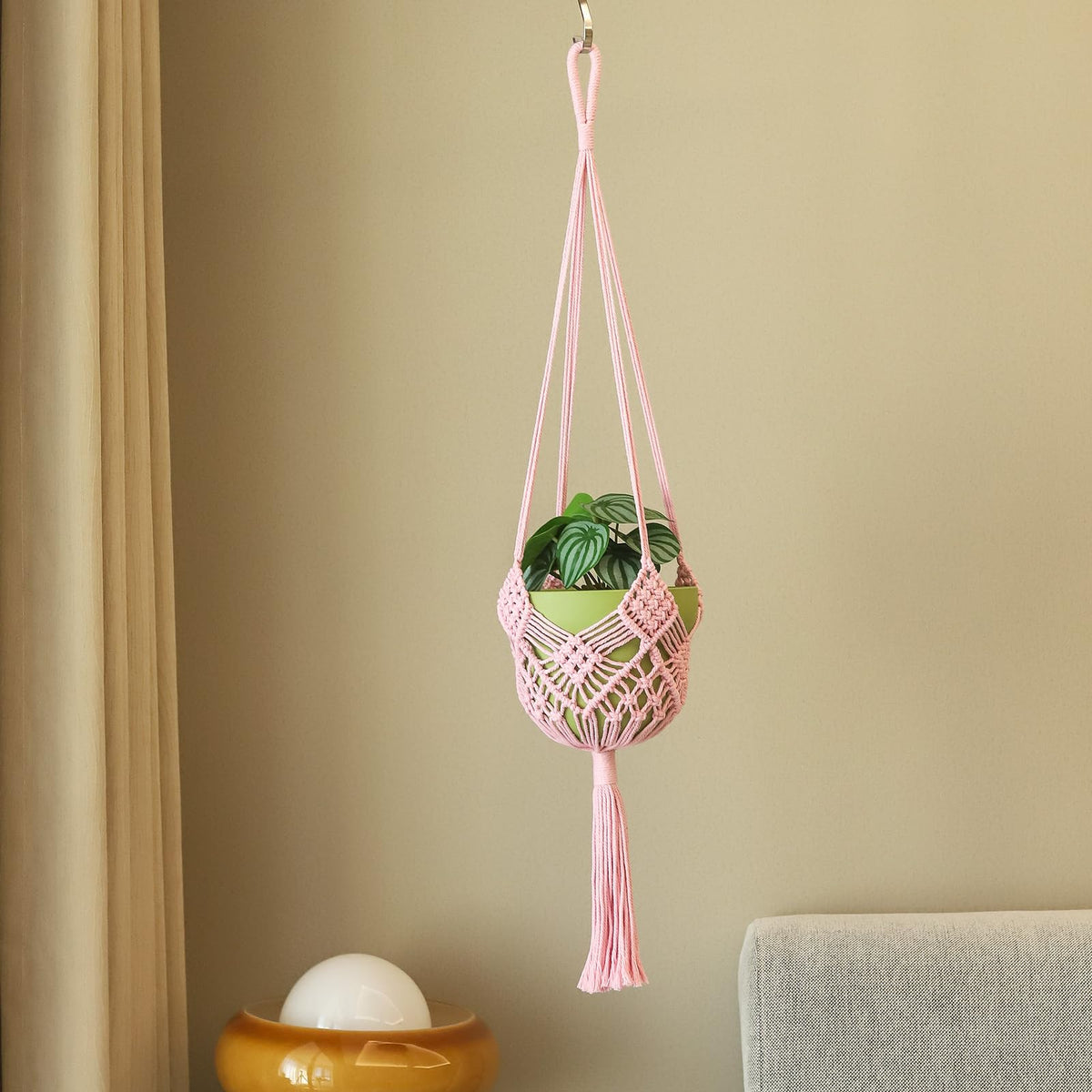 Hanging Planter with Patterns,2Packs Macrame Plant Hangers Indoor Macrame for up to 8 inch Pot Crochet Boho Plant Hanger Holder for Indoor Outdoor with 2S Shaped Stainless Steel Hooks (Pearl Pink)