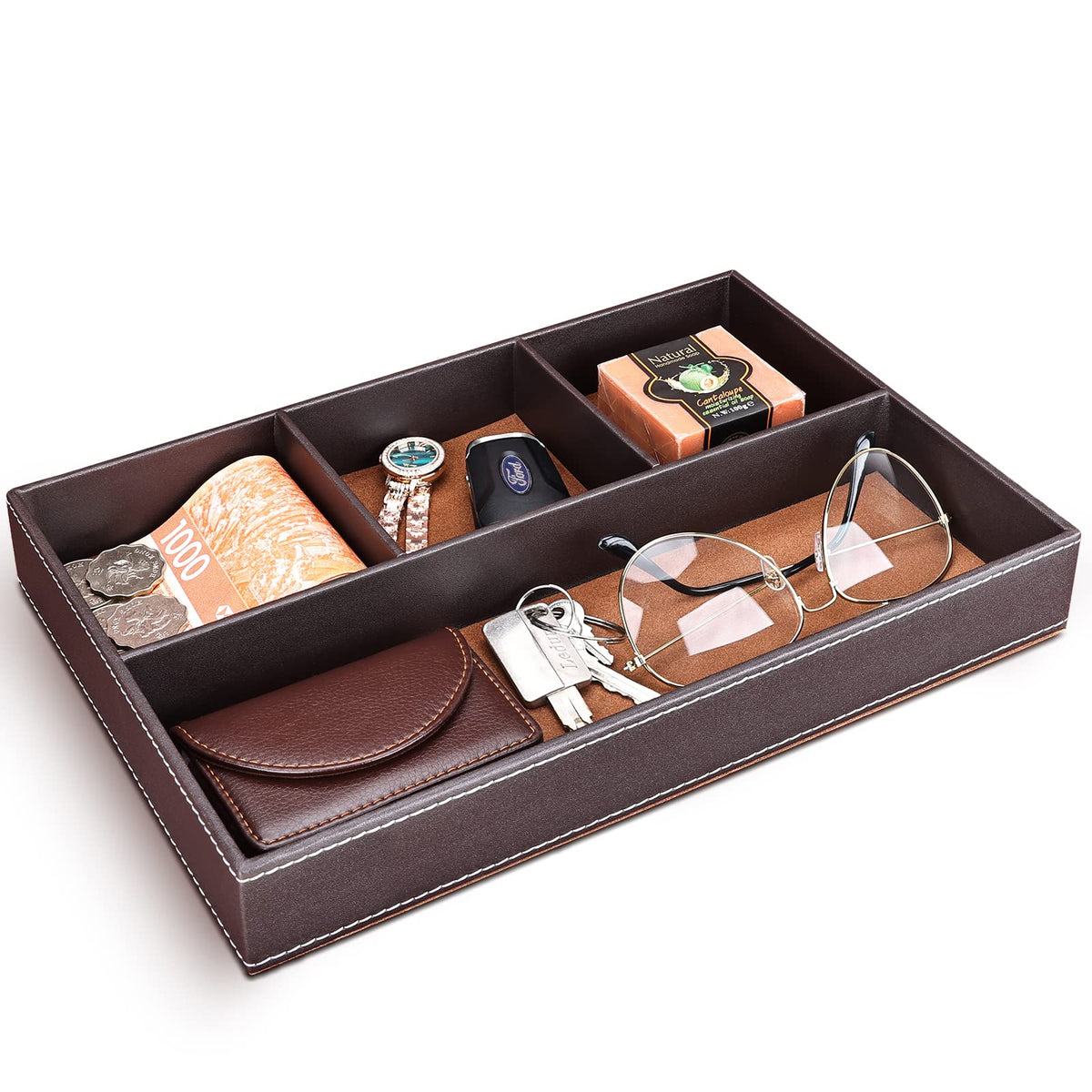 GORESE Faux Leather Valet Tray for Men, Stackable Jewelry Organizer for Drawers Inserts, Nightstand Caddy Tray for Key, Wallet, Sunglass, Watch, Coin, Phone, Bedside Desktop Storage Brown
