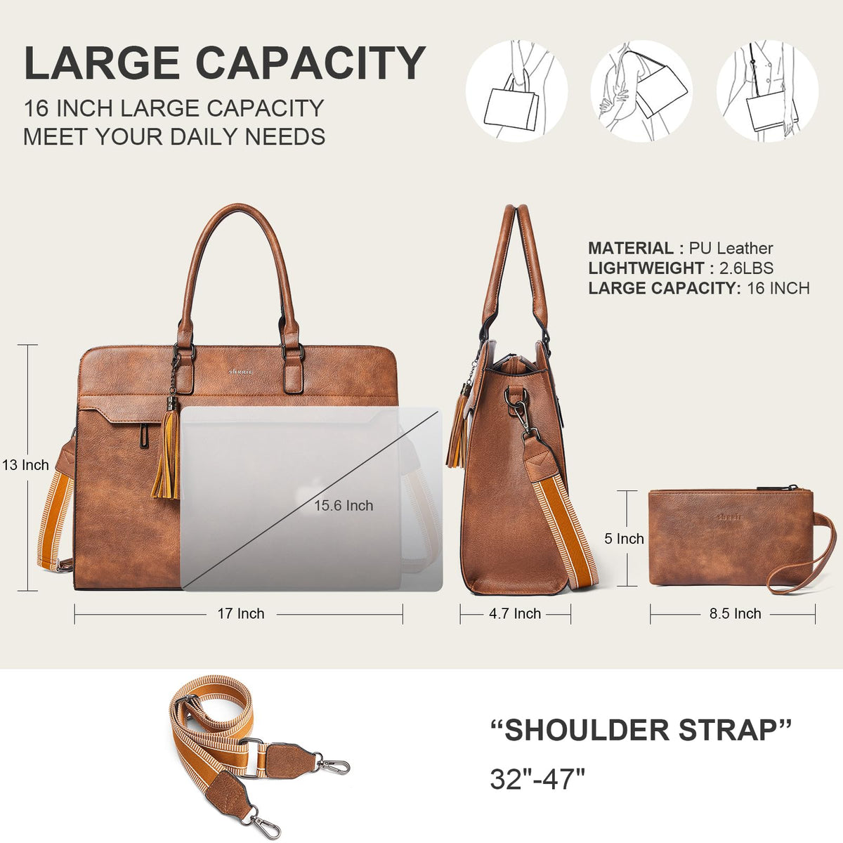 Shrrie 17 inch Laptop Bag for Women,Water-Resistant Work Bag LaptopTote Bag,Professional Business Tote for Office,Travel,College-Fits 15.6 Laptop&Tablet,Briefcase with Satchel Purse,Two-toned Brown