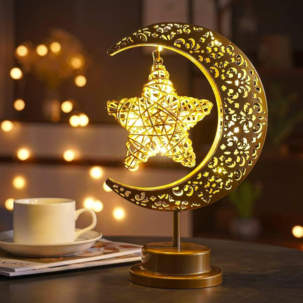 Lifnatty Ramadan Decorations Moon Lamp, Ramadan Decor for Home, Eid Mubarak Decorations, Ramadan Eid Gifts, Enchanted Lunar Table Lamp, Half Moon Lights, Battery Operated Moon Star Night Light