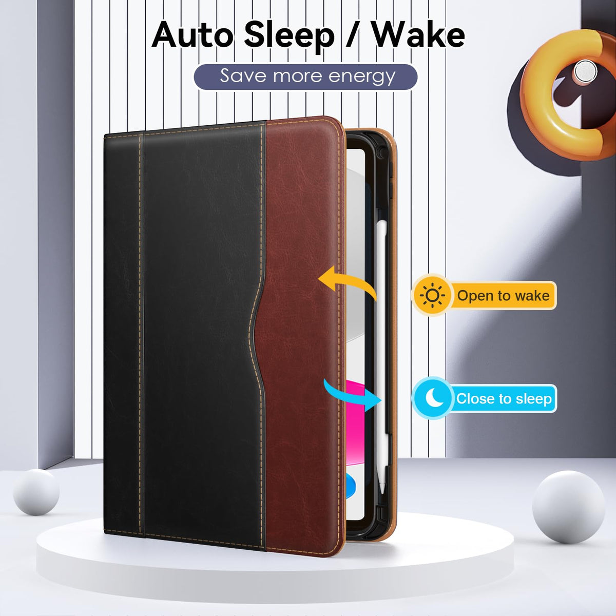 OKP Case for iPad A16 11th Generation 2025 / 10th Gen Case 2022, for 11 Inch / 10.9 Inch iPad Multi-Angle Viewing PU Leather Stand Cover with Pencil Holder & Pocket, Auto Sleep/Wake, Black Brown