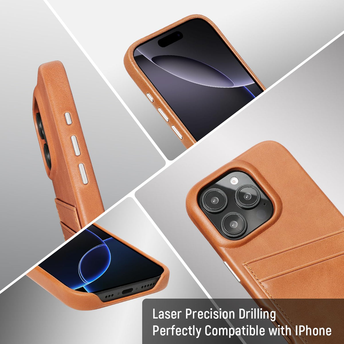 LUCKYCOIN 100% Genuine Leather Wallet Phone Case for iPhone 16 Pro, Slim Design with Card Holder, Shockproof Protective Cover, Microfiber Lining & Metal Buttons, for Men and Women, Tan