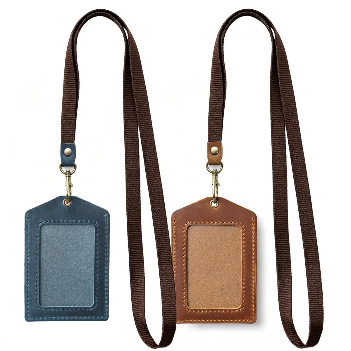 Jack&Chris Genuine Leather Badge Holder, Detachable Keychain Lanyards for ID Badges for Easy Access, Vertical ID Badge Holder for Nurse Officer Teacher Security Staff Women Men, 2 Pack Blue+Browm