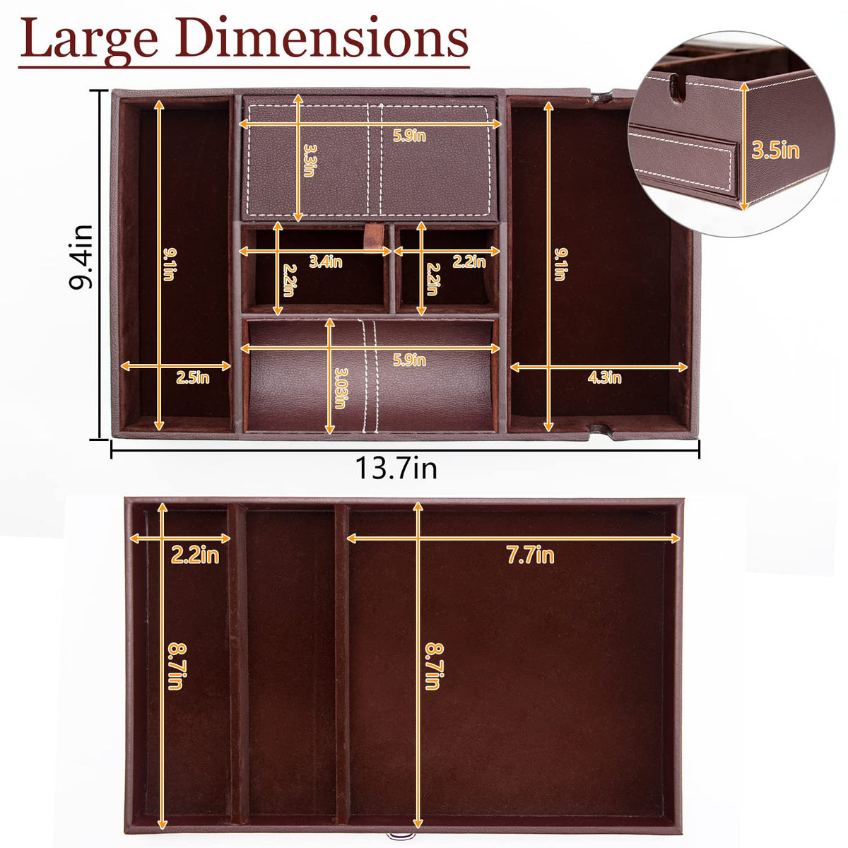Baoyun Valet Tray for Men, 2 Layers Nightstand Organizers for Men and Women, Leather Jewelry Storage Box, Mens Dresser Top Organizer, Catch All for Jewelry Key Wallet and Phone (Brown)