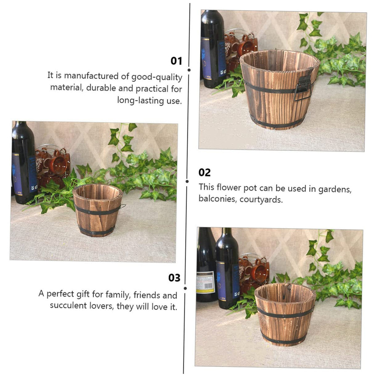 Yardenfun 3Pcs Wooden Barrel Pot Rustic Succulent Planters for Decor Wooden Bucket Planters for Indoor and Outdoor Use