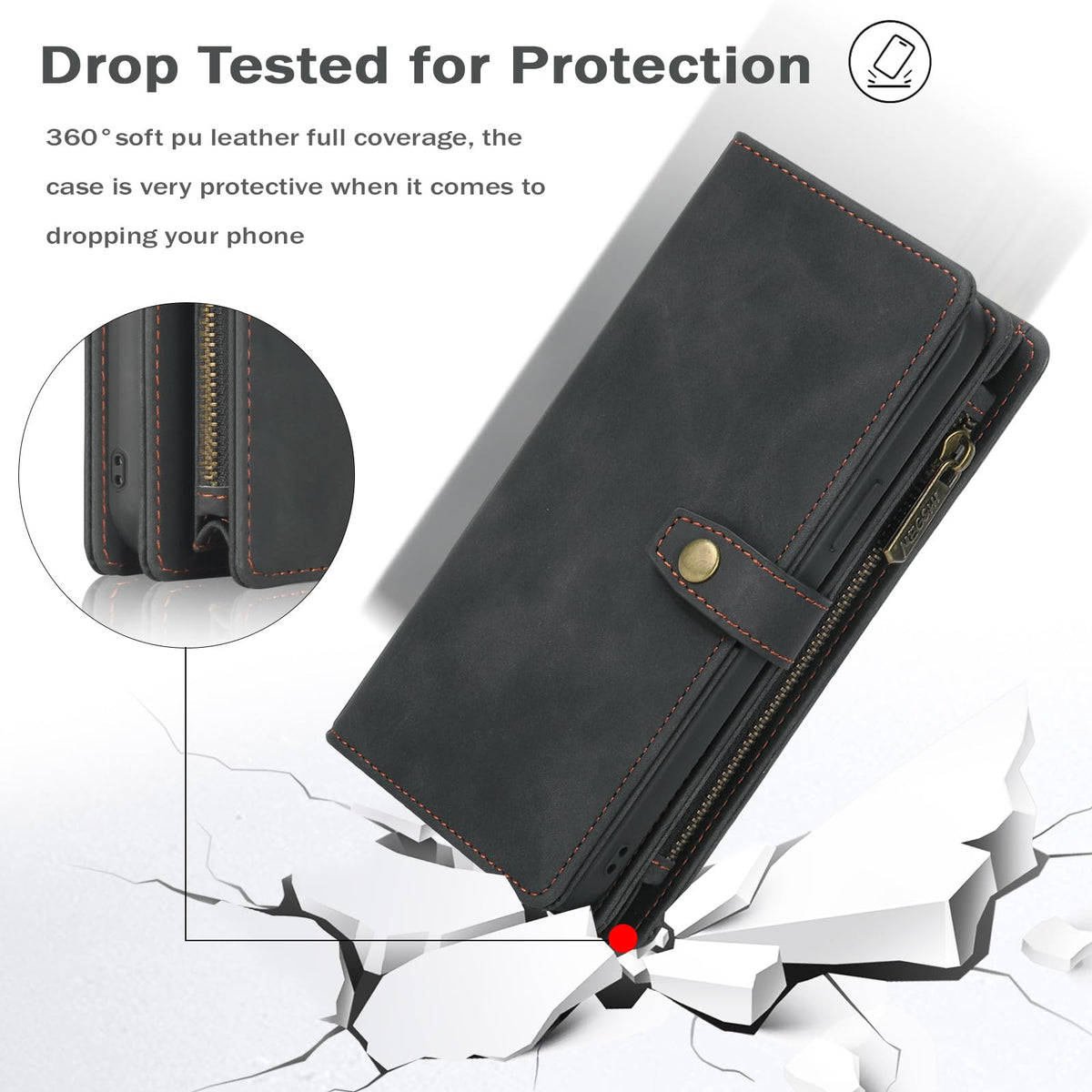TwoHead for Samsung Galaxy S24 Ultra Wallet Case with Card Holder, Detachable Magnetic Phone Case for S24 Ultra,PU Leather All-Round Protective Phone Case Wallet with Wrist Strap,Black